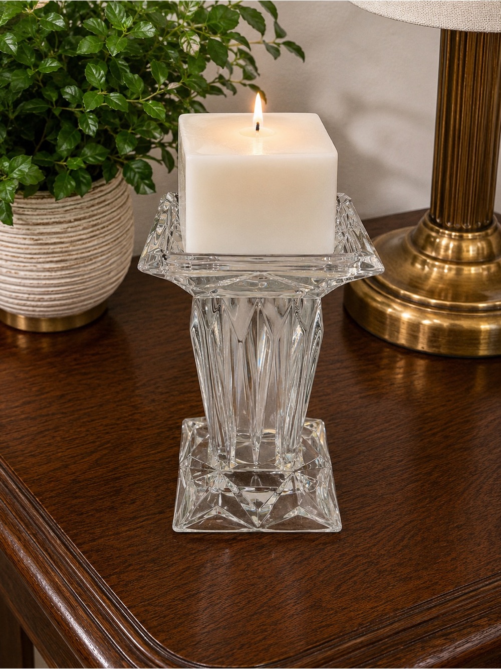 PartyLite Quad Prism Crystal Pedestal Candle Holder 7”